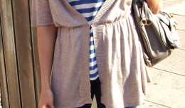 Hannah:  Denim jeggings Blue horizontal striped tank Taupe cardigan
